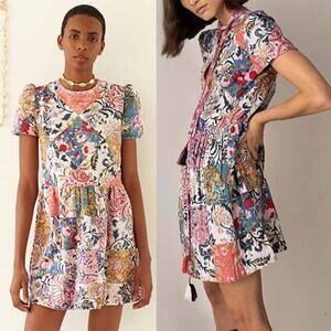 NEW Alix Of Bohemia Mila Patchwork Round Neck Tie Mini Dress Multi Color Size XS